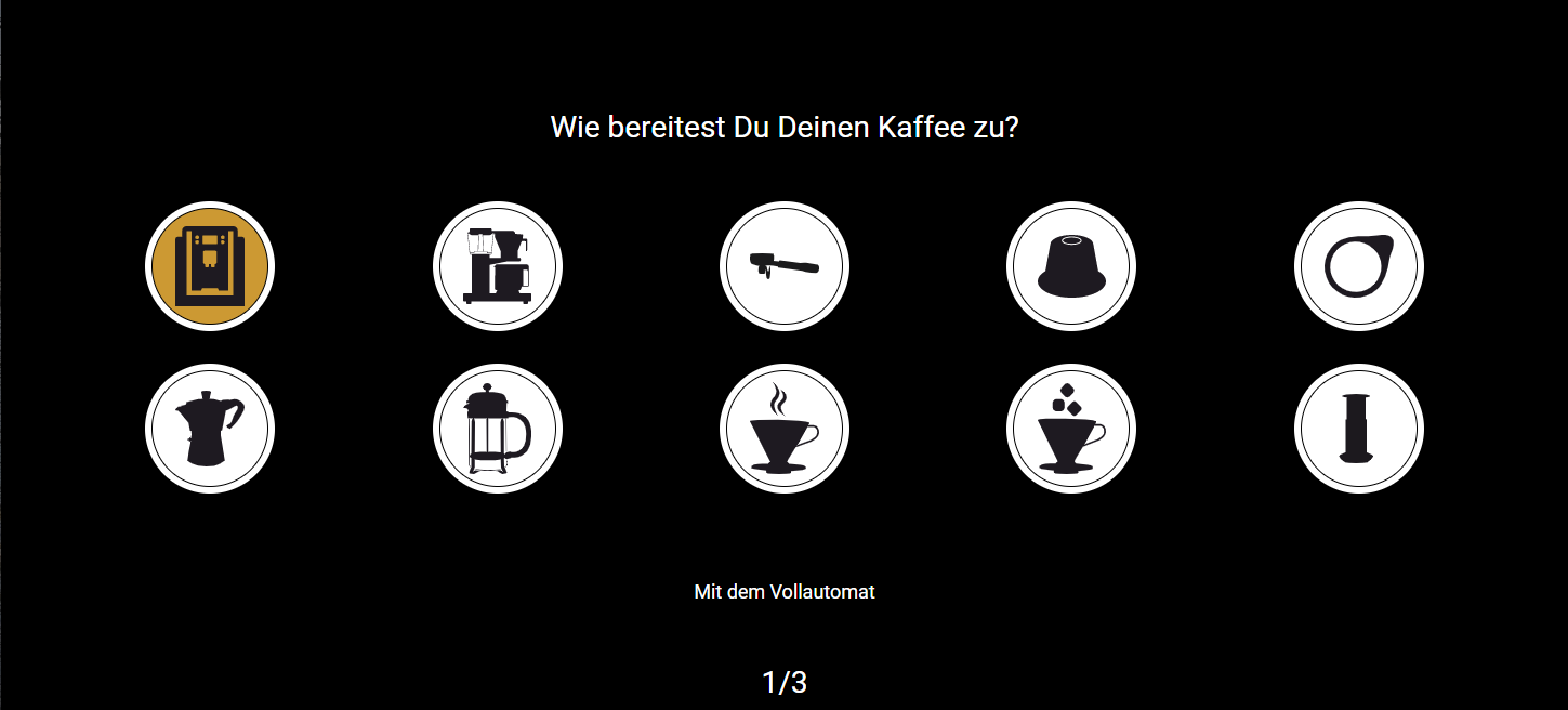 Auswahl-Menü Weblösung Kaffee-Finder